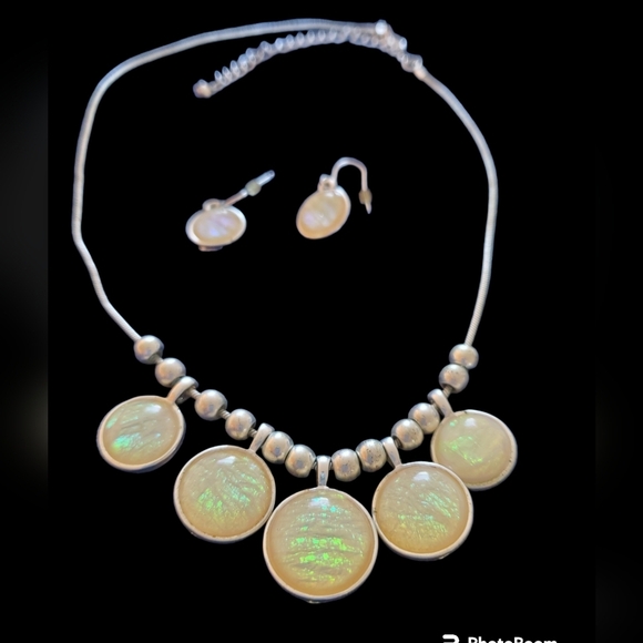 Silver & Iridescent Circles Necklace and Earrings - Picture 1 of 5